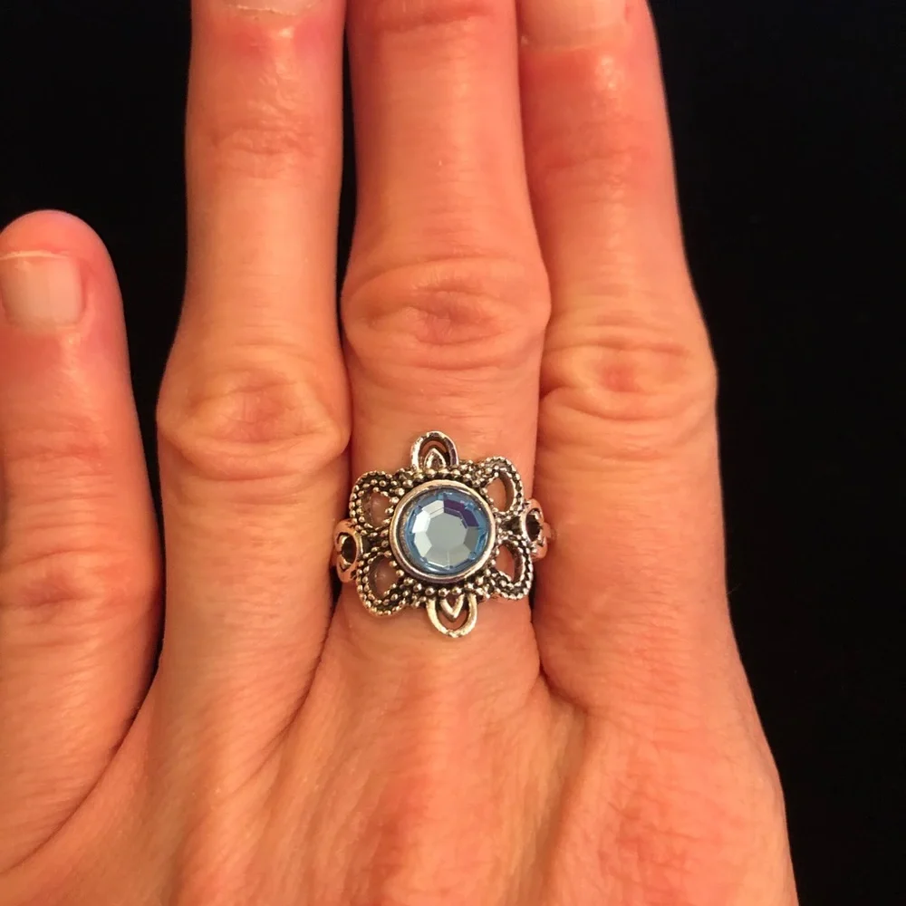Silver Tone Ring with Blue Faux Gemstone Fashion Jewelry